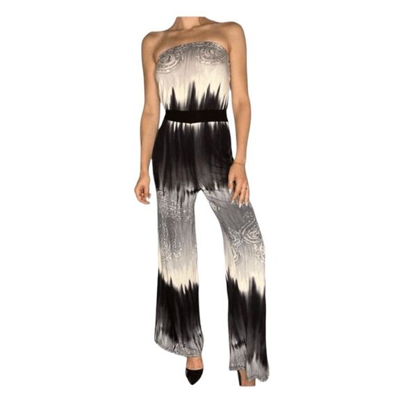 Monteau Pants - Monteau Strapless Off The Shoulder Jumpsuit Black White Tie Dye Paisley Print S
